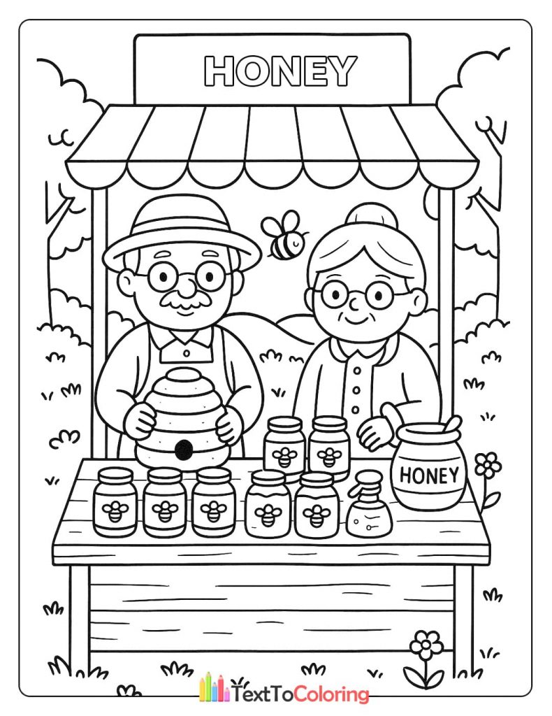 A printable coloring page of a sweet elderly couple selling jars of honey at their market stall, with a bee flying overhead.