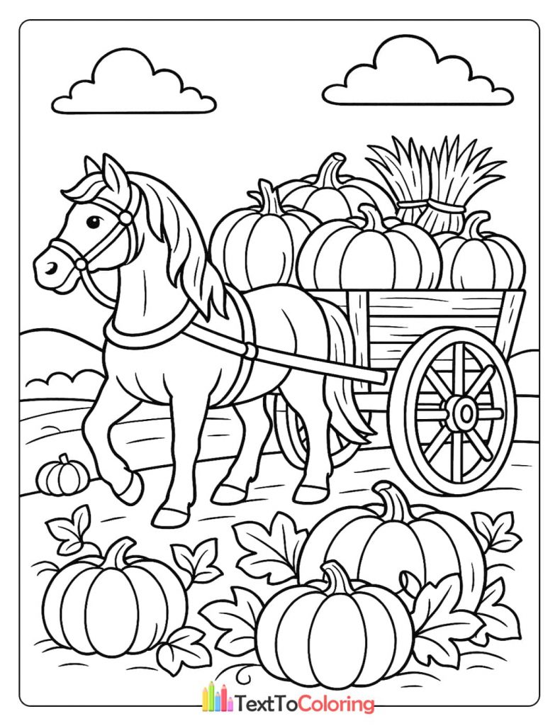 A horse pulls a wooden wagon filled with pumpkins and hay.