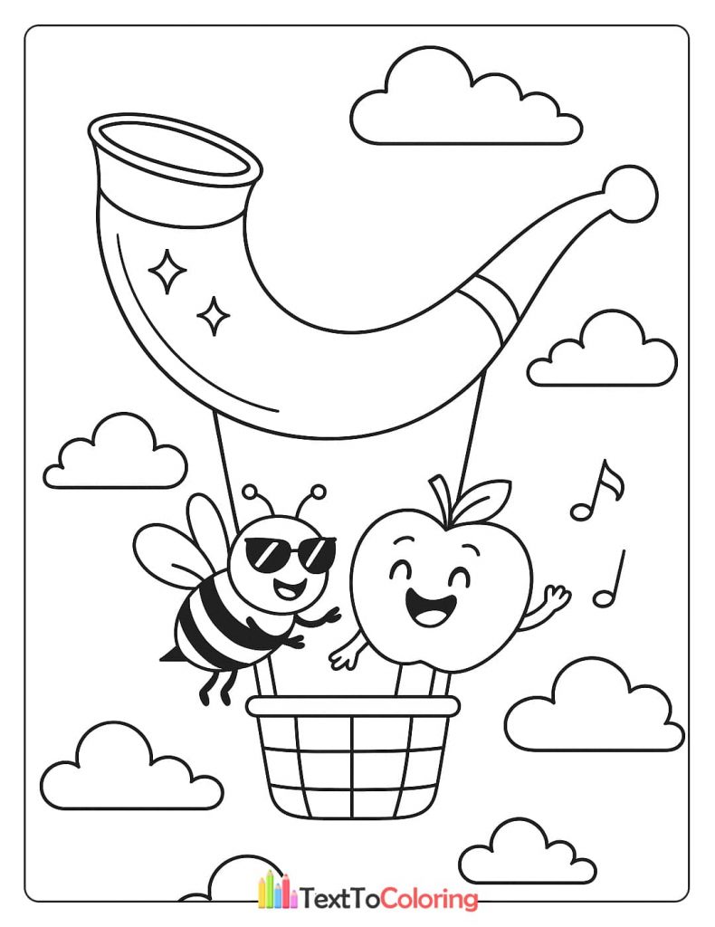 A cute cartoon bee and an apple riding in a hot air balloon shaped like a shofar.