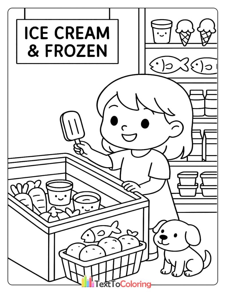 A girl with a shopping basket reaching into a frozen food freezer for an ice cream popsicle, with a small dog by her side.