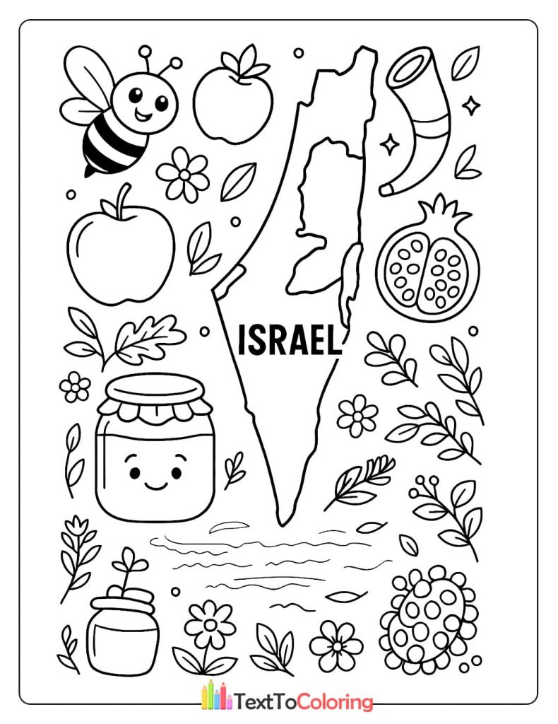 A detailed coloring page with a map of Israel surrounded by Rosh Hashanah symbols like apples, honey, and pomegranates.