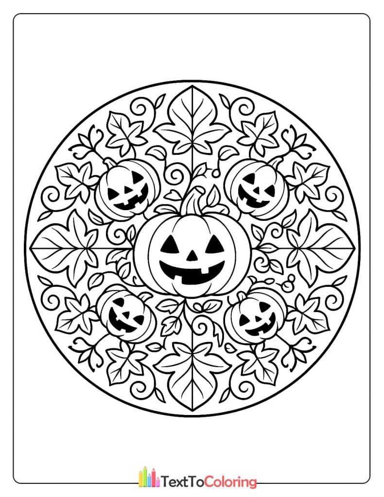 Halloween pumpkin and fall leaves mandala coloring page