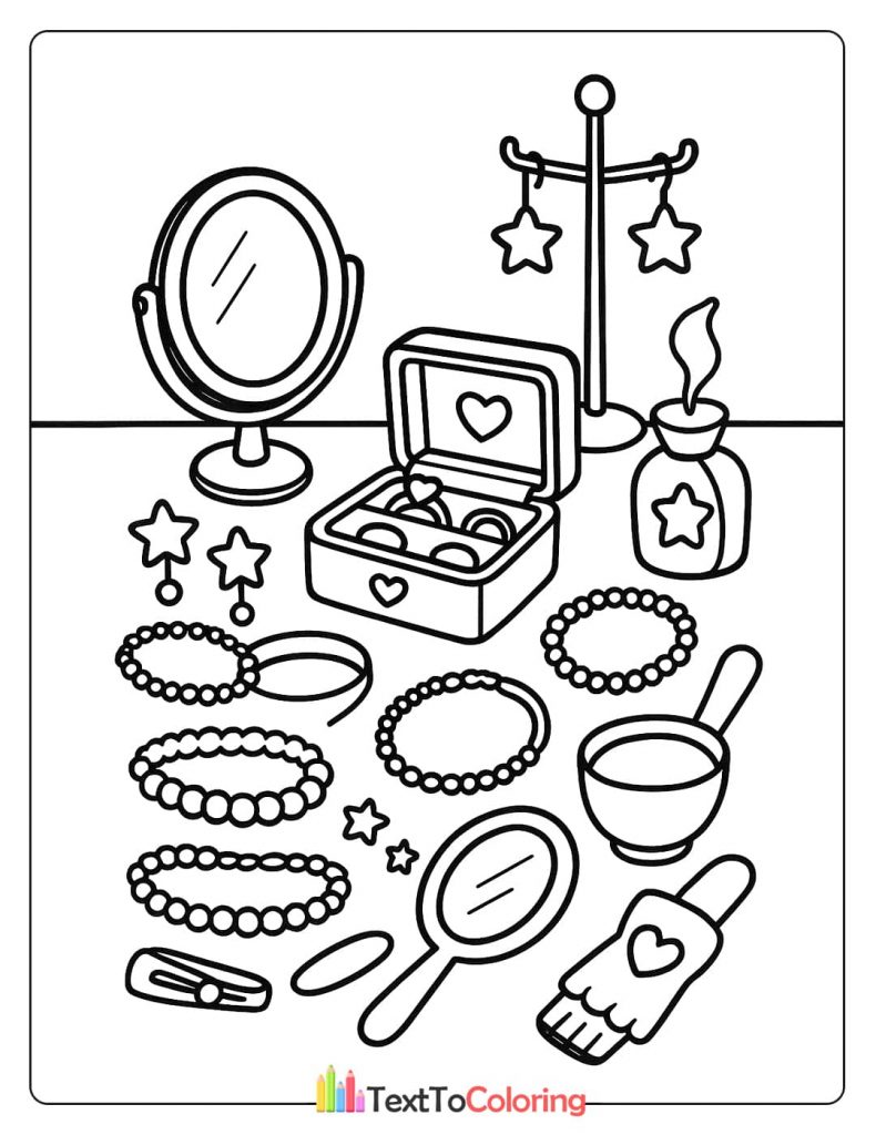 A collection of jewelry and accessories for coloring, including a round mirror, a jewelry box, bracelets, and a star-shaped earring stand.