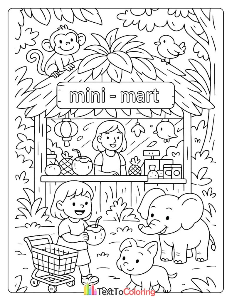 A girl and an elephant are shopping at a mini-mart in the jungle, with a monkey and birds nearby. The cashier is a woman selling fruit.
