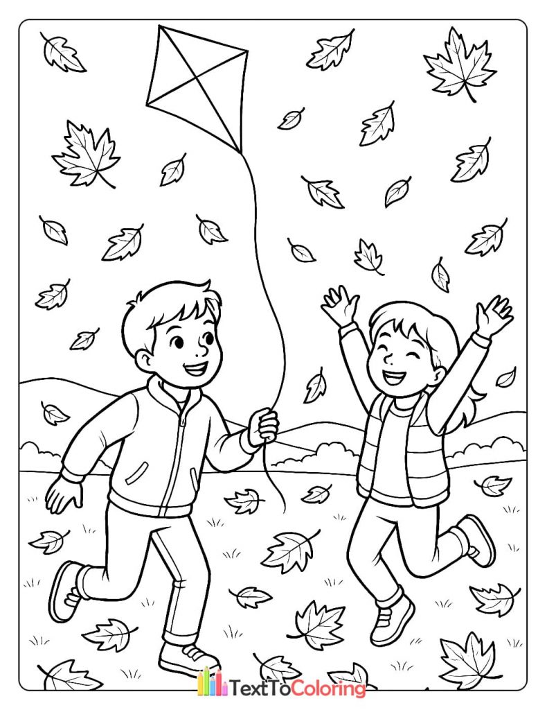A fun coloring page of two children flying a kite and playing amidst a field of fall leaves.