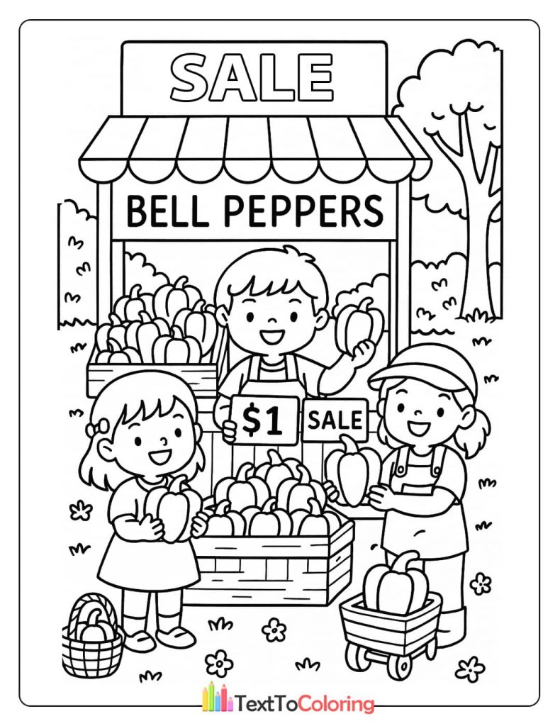 A printable coloring page of a girl and a boy selling bell peppers at a market stand with a "Sale" sign.