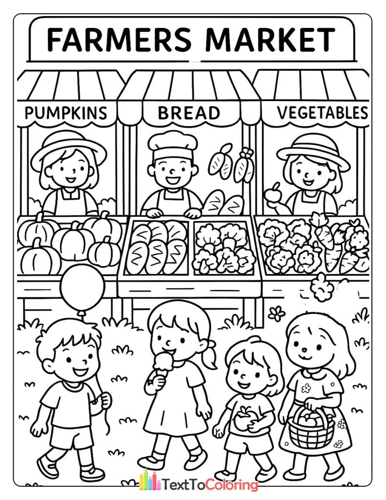 A printable coloring page showing children with balloons and baskets shopping at a busy Farmers Market with stalls selling pumpkins, bread, and vegetables.
