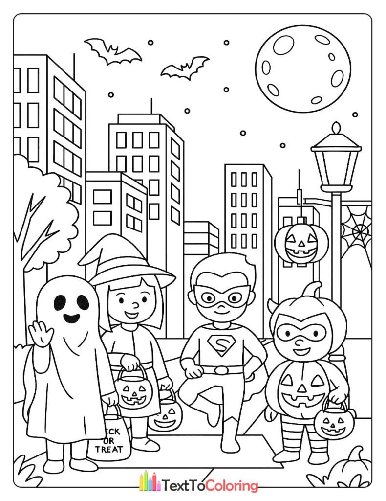 Group of children in costumes trick or treating in a city neighborhood