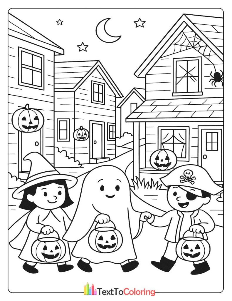 Children in ghost pirate and witch costumes trick or treating in neighborhood