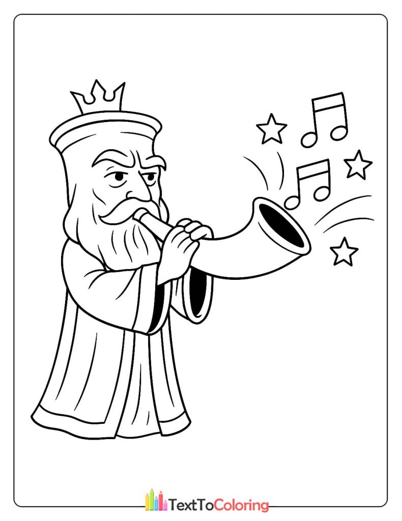 A detailed coloring page showing a king with a crown and beard blowing a shofar, with musical notes and stars.