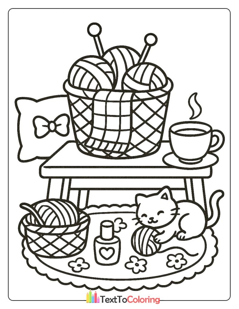 A cozy knitting scene for coloring, with baskets of yarn, knitting needles, a steaming cup, and a kitten playing with a ball of yarn.