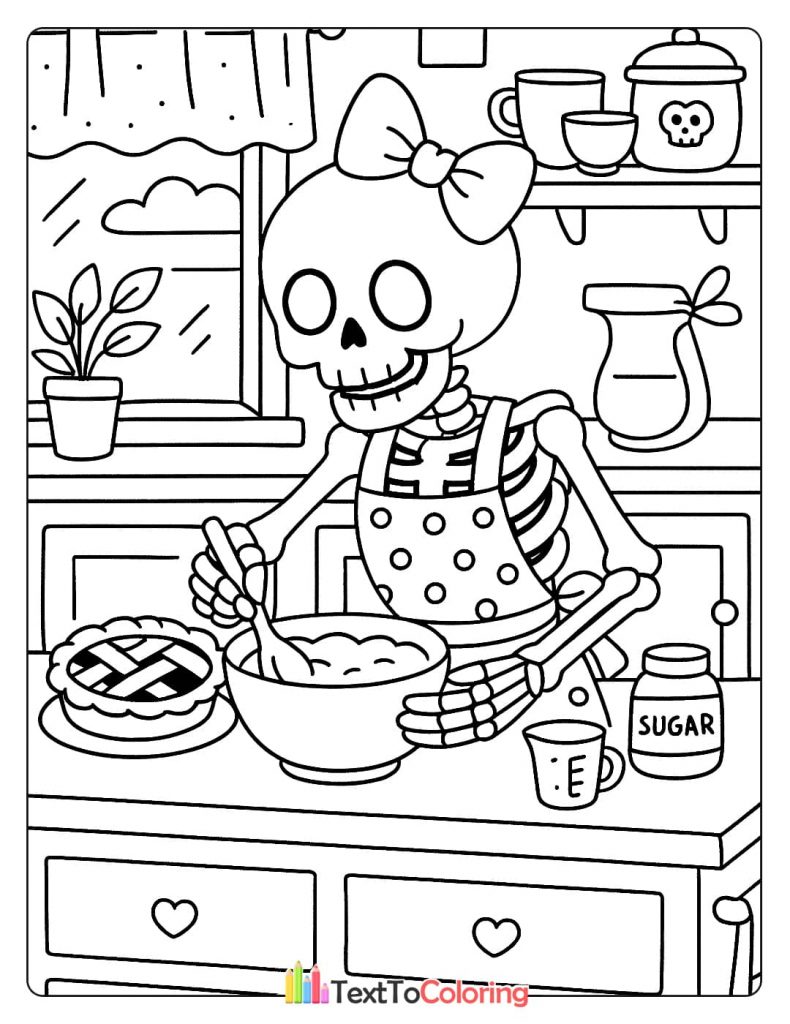 A lady skeleton with a bow on her head and an apron, mixing batter in a bowl. A pie is on the counter.