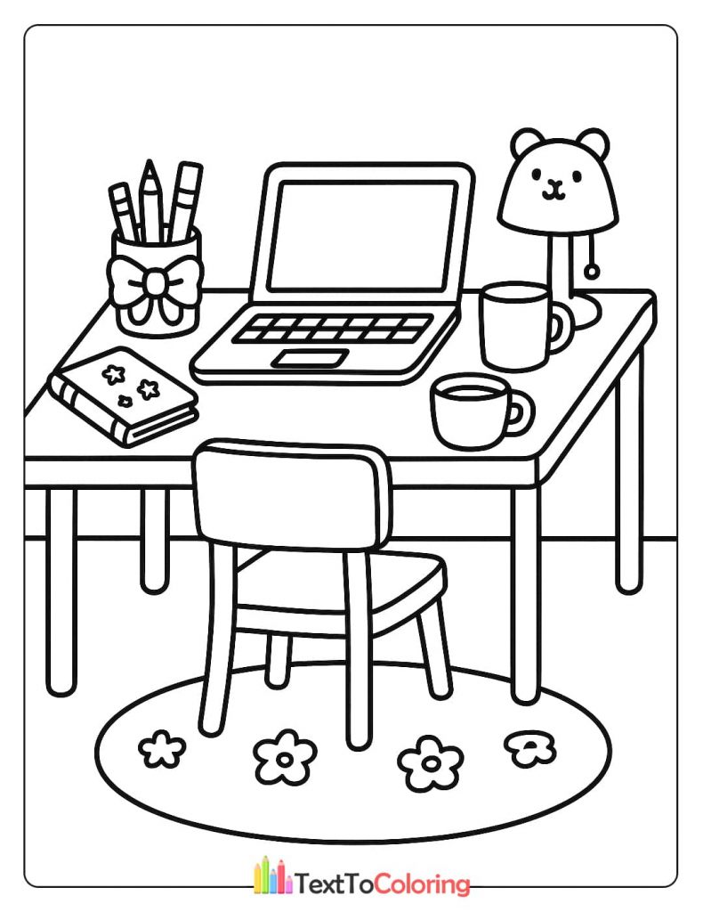 A detailed coloring page showing a neat desk with a laptop, pencils, a book, and a cute bear lamp.