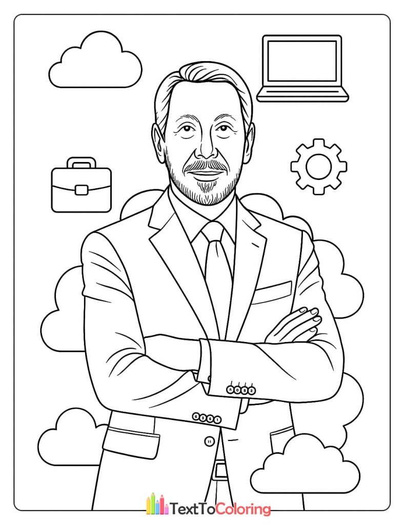 A coloring page of Larry Ellison with his arms crossed, surrounded by business icons like a briefcase, laptop, and gear.