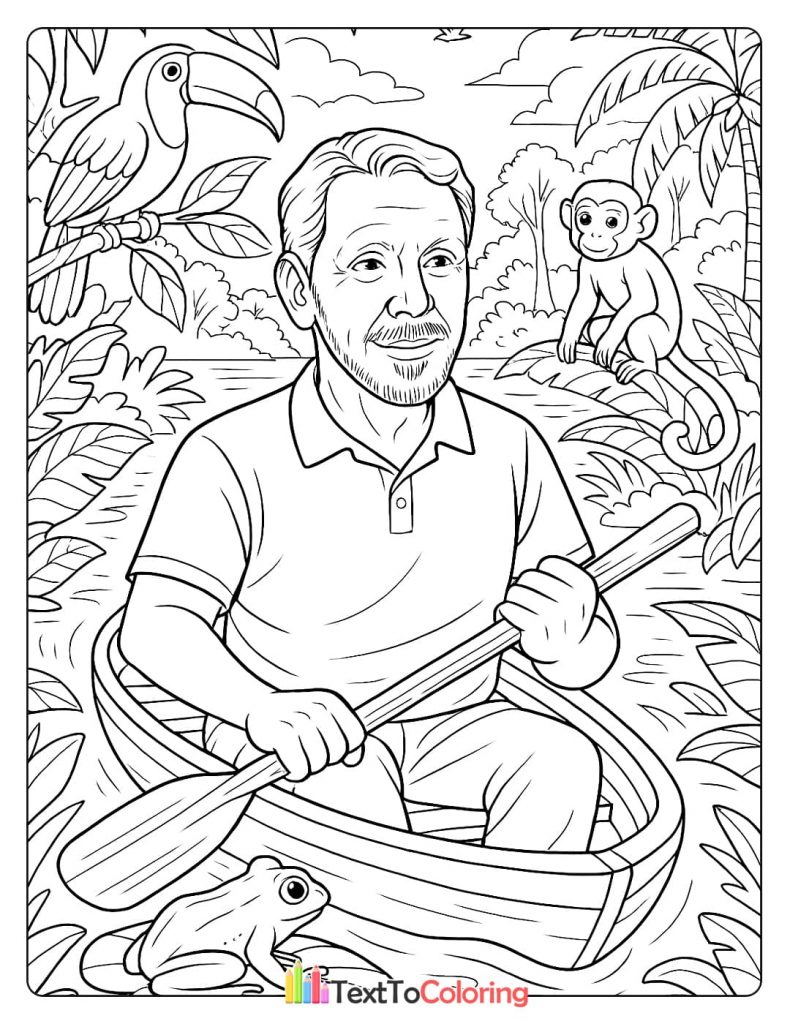 A detailed coloring page showing Larry Ellison in a canoe in a jungle setting, surrounded by a monkey, toucan, and frog.