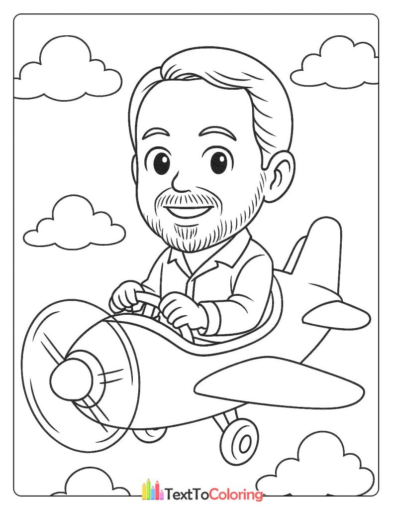 A cartoon coloring page of Larry Ellison flying a small propeller airplane in the sky.