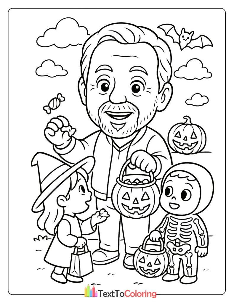 A cartoon coloring page of Larry Ellison giving candy to children in Halloween costumes.