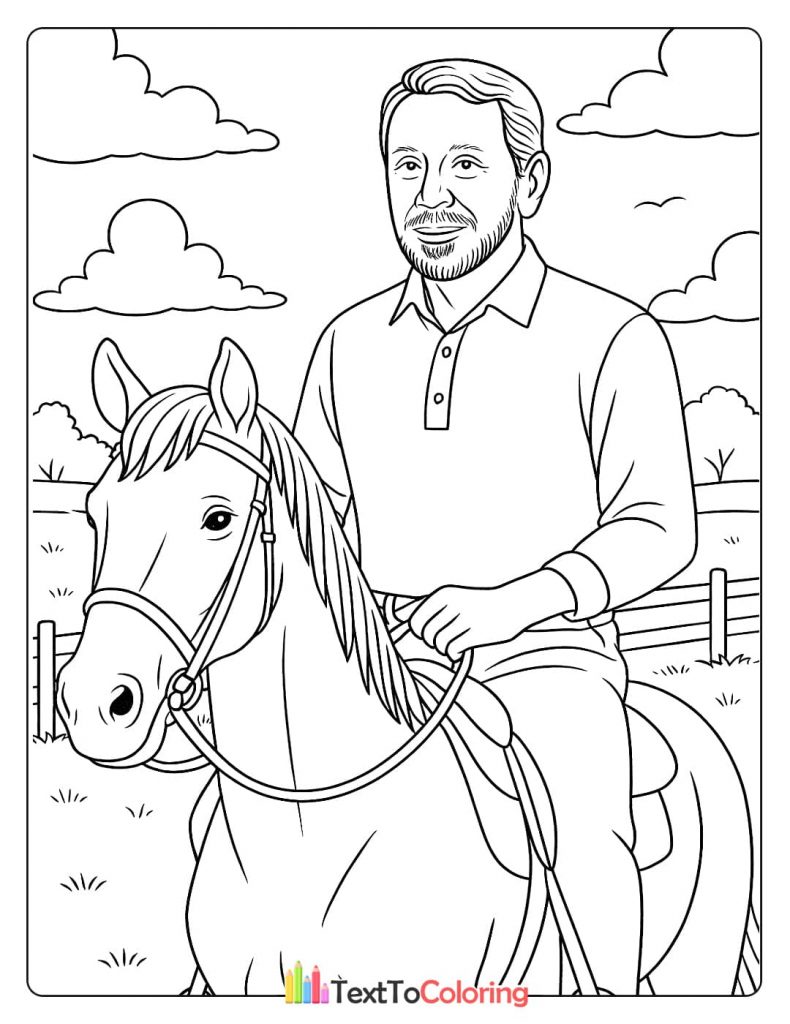 A coloring page of Larry Ellison riding a horse while wearing a riding helmet.