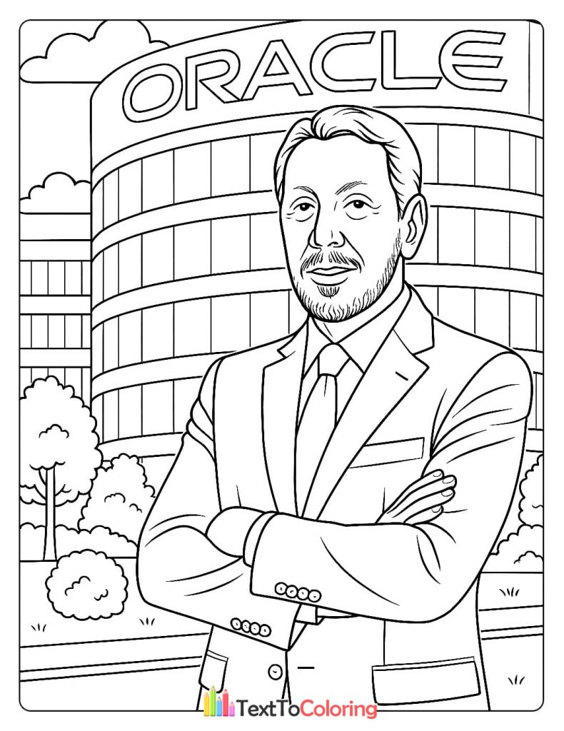 A coloring page of Larry Ellison standing in front of the Oracle corporate headquarters building.