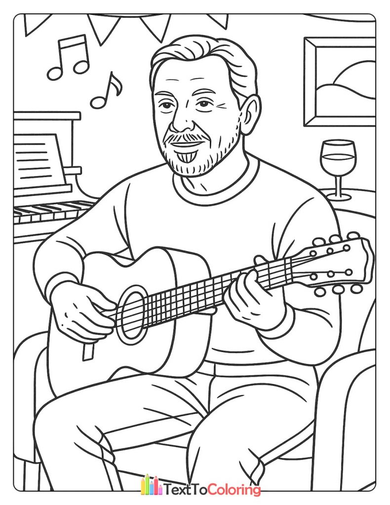 A coloring page of Larry Ellison sitting down and playing an acoustic guitar.