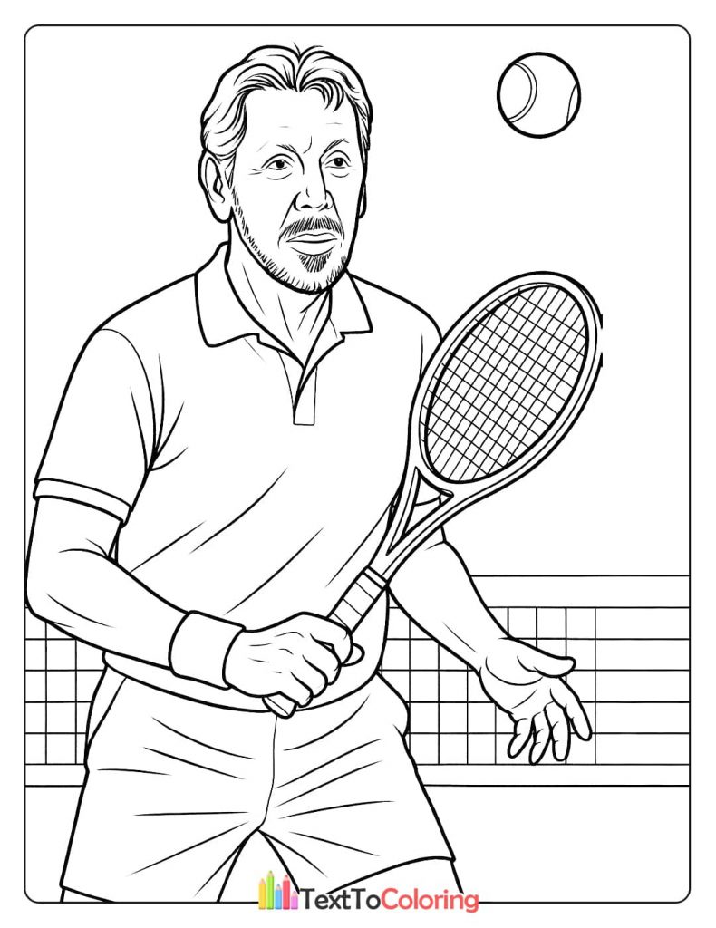 A coloring page of Larry Ellison on a tennis court, holding a tennis racket ready to hit the ball.