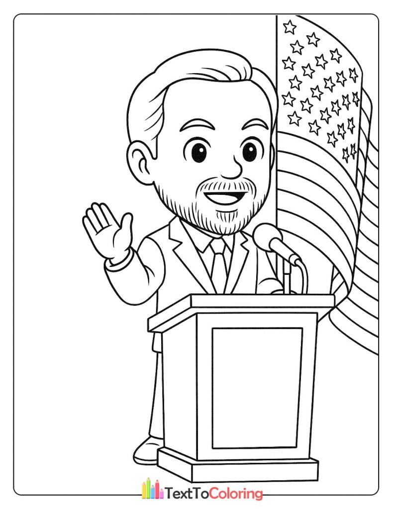 A cartoon coloring page of Larry Ellison at a podium with an American flag, waving to the crowd.