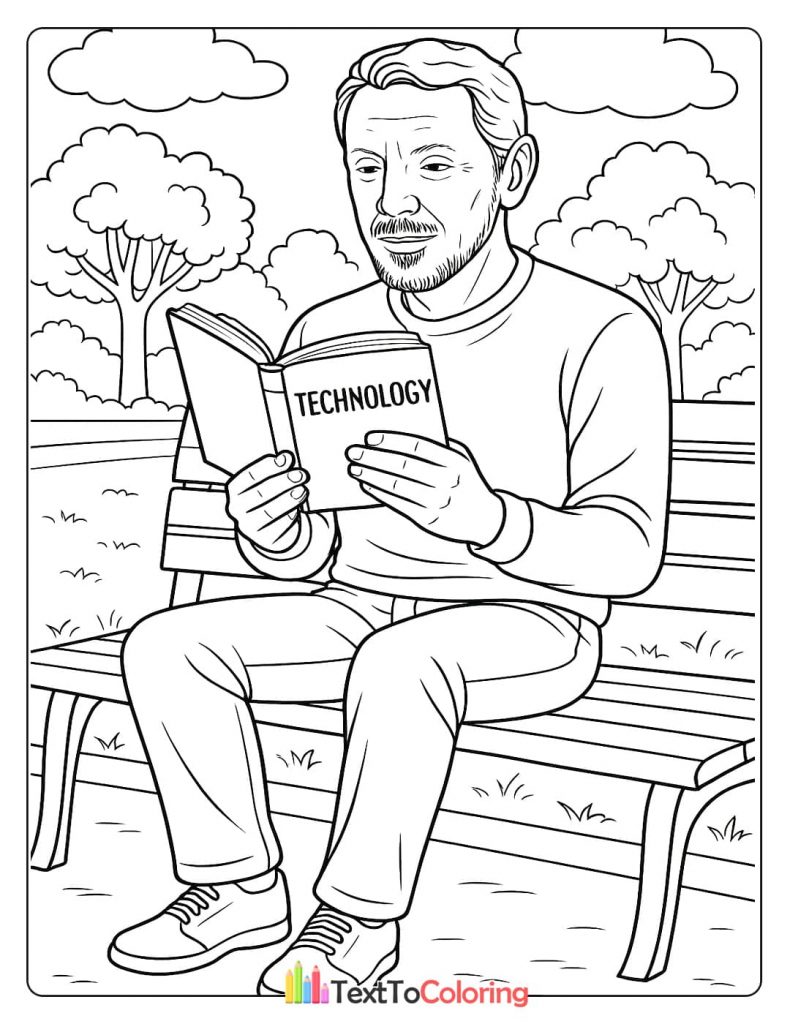 A coloring page of Larry Ellison sitting on a park bench, reading a book with the word "TECHNOLOGY" on the cover.