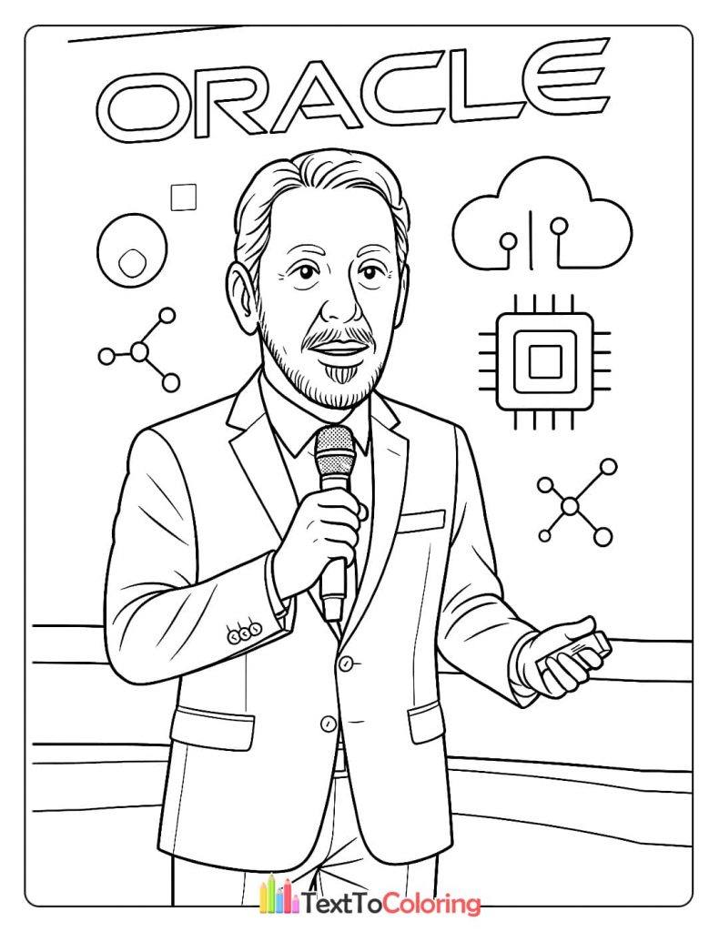 A coloring page of Larry Ellison speaking into a microphone on stage, with Oracle-themed tech icons like a cloud and microchip in the background.
