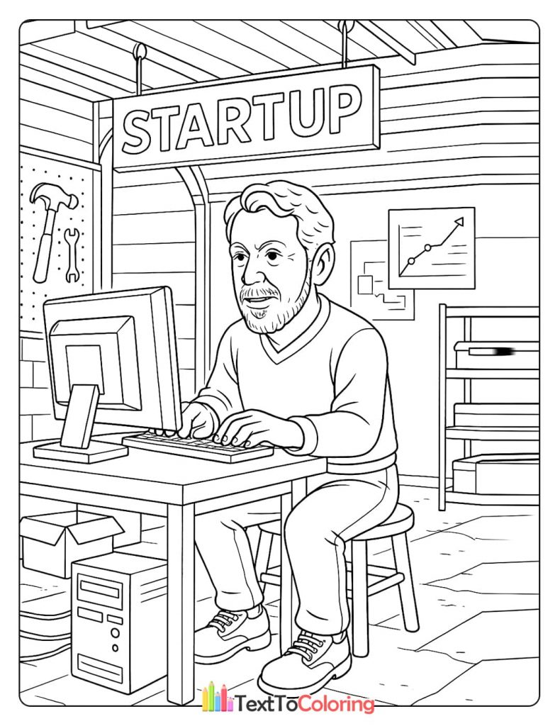 A coloring page of Larry Ellison working on a computer in a garage-like setting with a "STARTUP" sign.