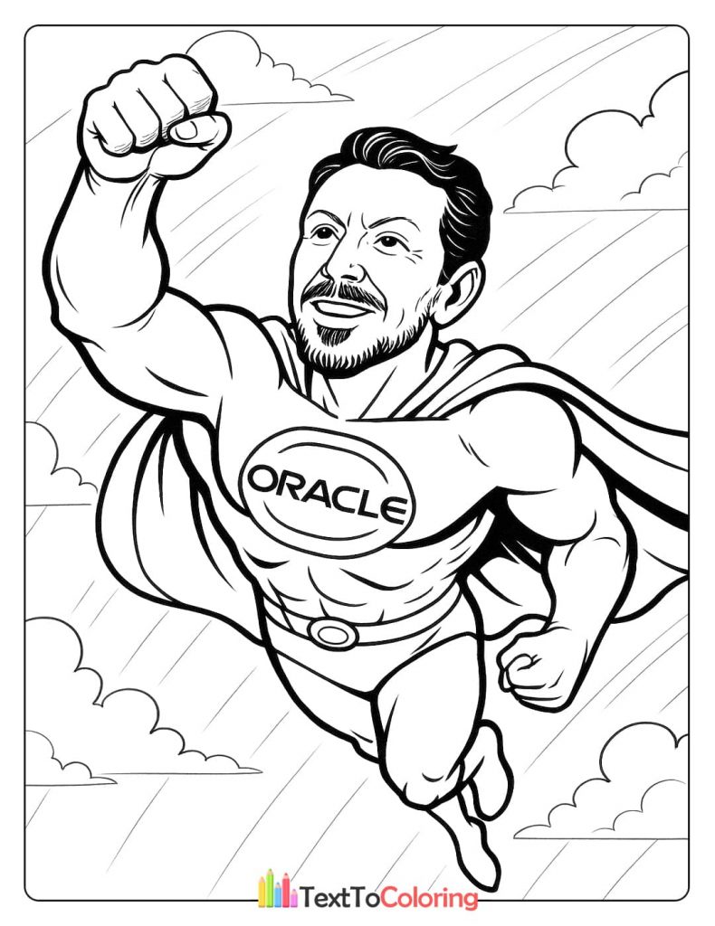 A coloring page of Larry Ellison dressed as a superhero with the Oracle logo on his chest, flying through the sky.