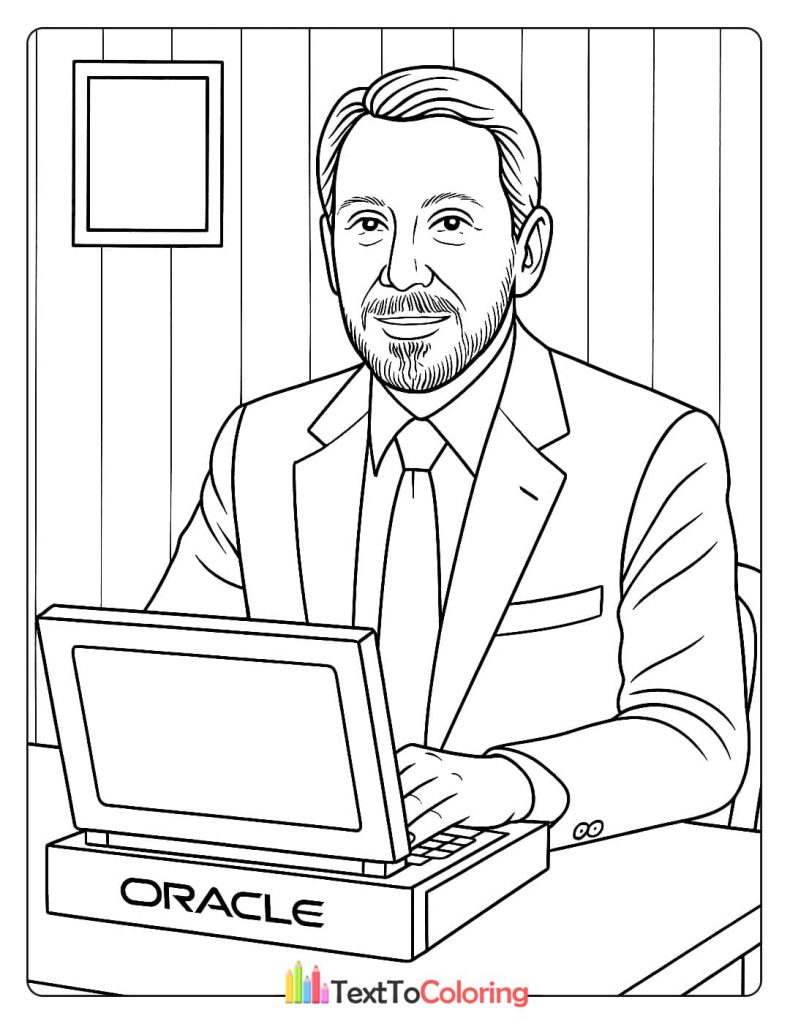 A coloring page of Larry Ellison sitting at a desk and working on a laptop with the Oracle logo on it.