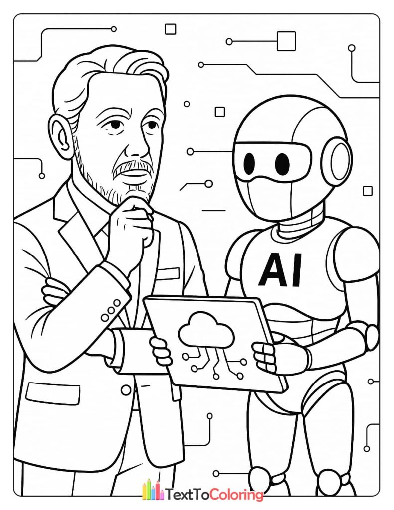 A coloring page of Larry Ellison interacting with an AI robot holding a tablet displaying cloud and circuit board symbols.