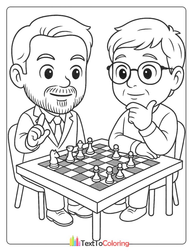 A cartoon coloring page of Larry Ellison and Bill Gates playing a game of chess together.