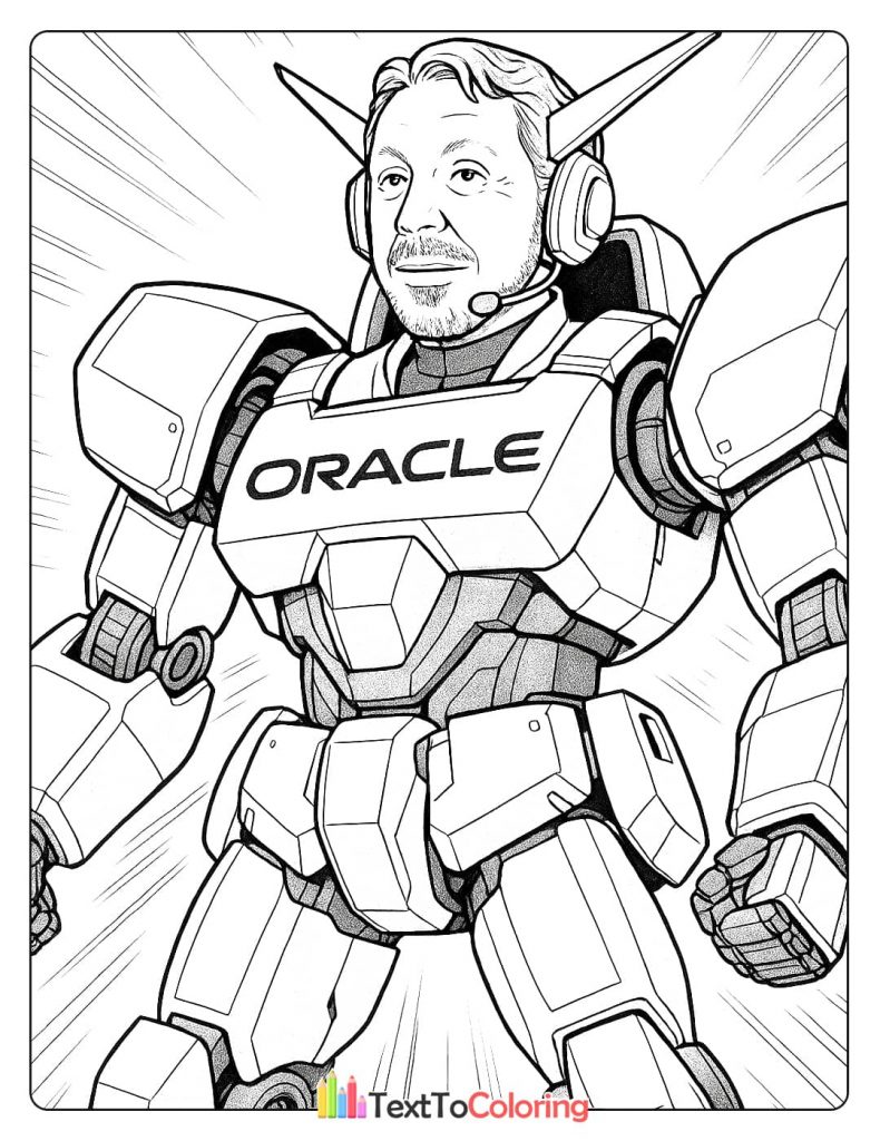 A coloring page of Larry Ellison standing next to a large, friendly-looking robot in an office setting.