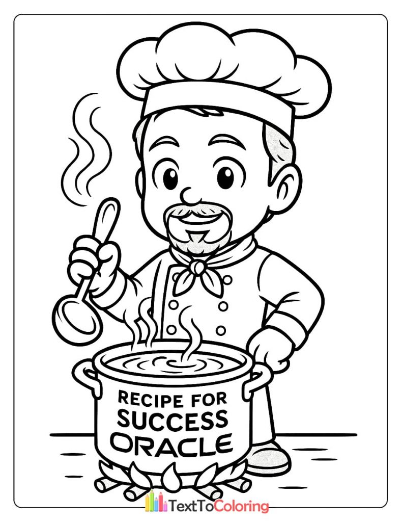 A cartoon coloring page of Larry Ellison dressed as a chef, stirring a pot labeled "RECIPE FOR SUCCESS ORACLE."