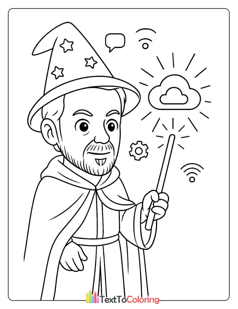 A cartoon coloring page of Larry Ellison dressed as a wizard, casting a cloud computing spell with his wand.