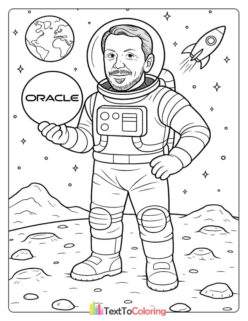 A coloring page of Larry Ellison wearing an astronaut suit, floating in space with planets and stars in the background.
