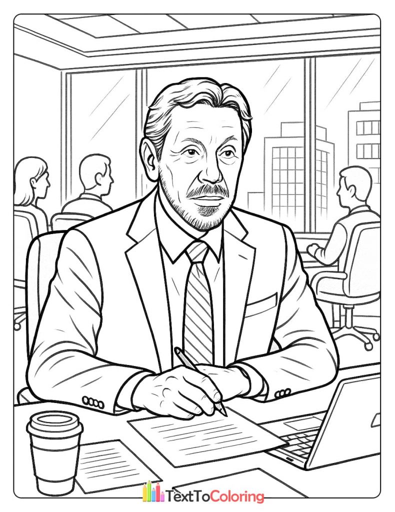 A coloring page of a professional businessman, Larry Ellison, working at an office desk with a laptop and coffee.
