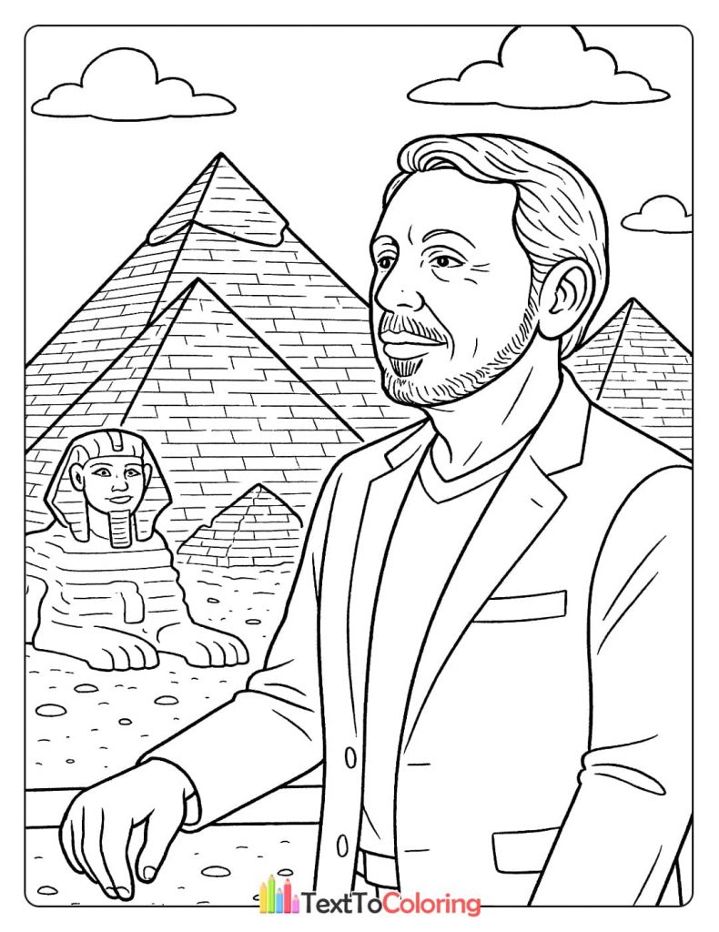 A coloring page of Larry Ellison standing with the Great Pyramids and the Sphinx in Egypt in the background.