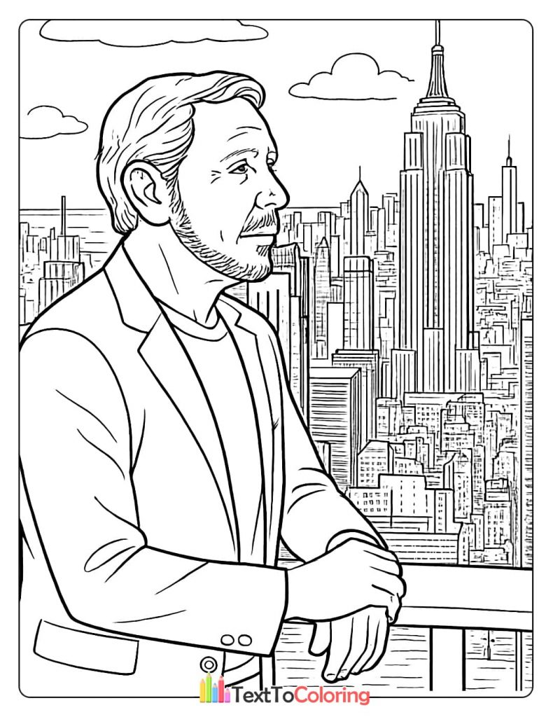 A coloring page of Larry Ellison looking out at the New York City skyline, with the Empire State Building prominent in the view.