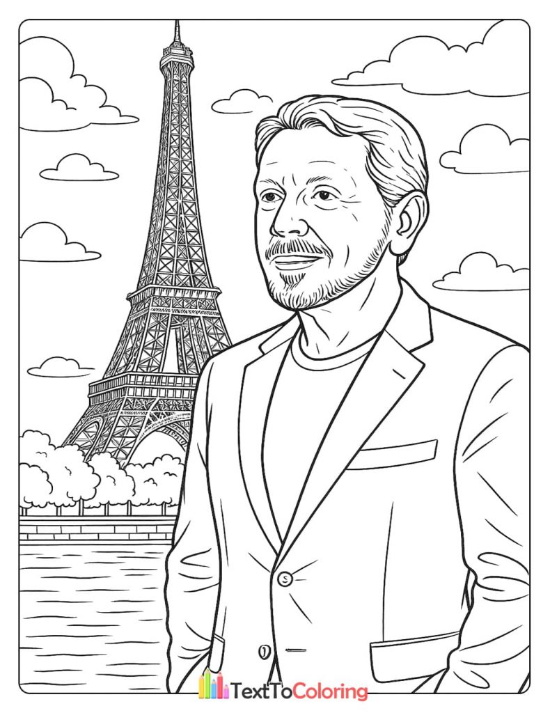 A coloring page of Larry Ellison standing in front of the Eiffel Tower and a river in Paris.