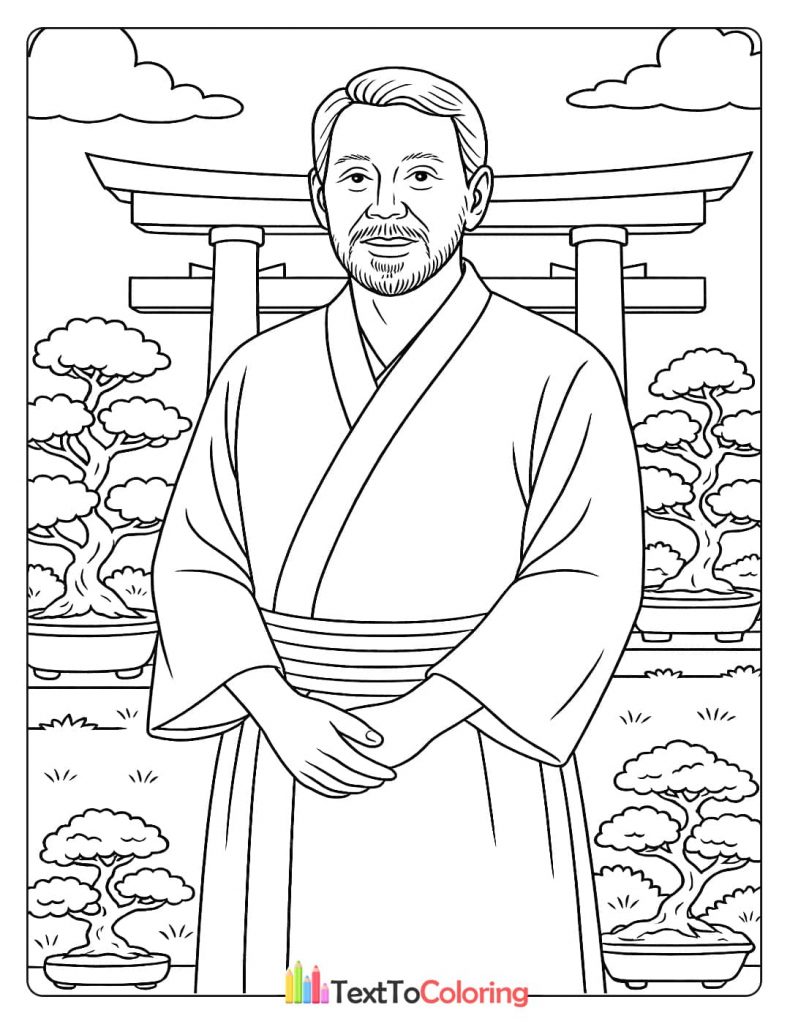 A coloring page of Larry Ellison wearing a traditional Japanese kimono in front of a torii gate.
