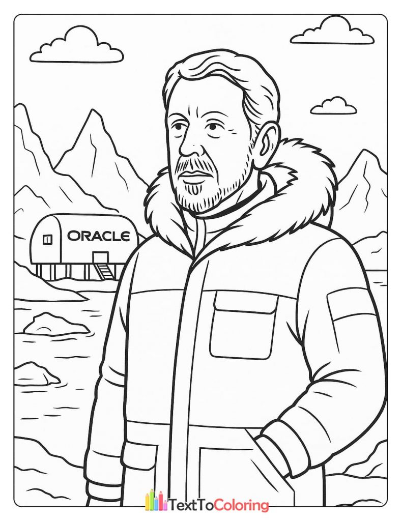 A coloring page of Larry Ellison dressed in a winter parka, standing in a snowy landscape with an Oracle research outpost in the background.