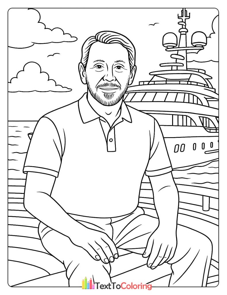 A coloring page of Larry Ellison standing on the deck of a yacht with a sailboat in the distance.