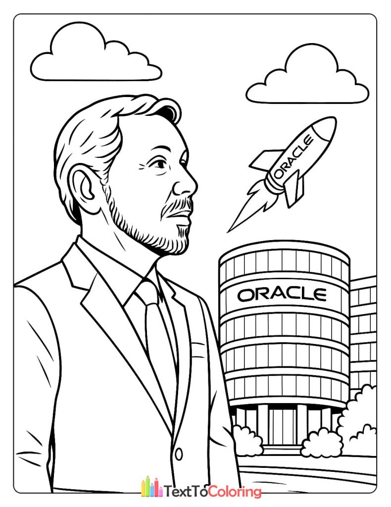 A coloring page of Larry Ellison standing in a suit with the Oracle building and a rocket ship with the company name on it in the background.