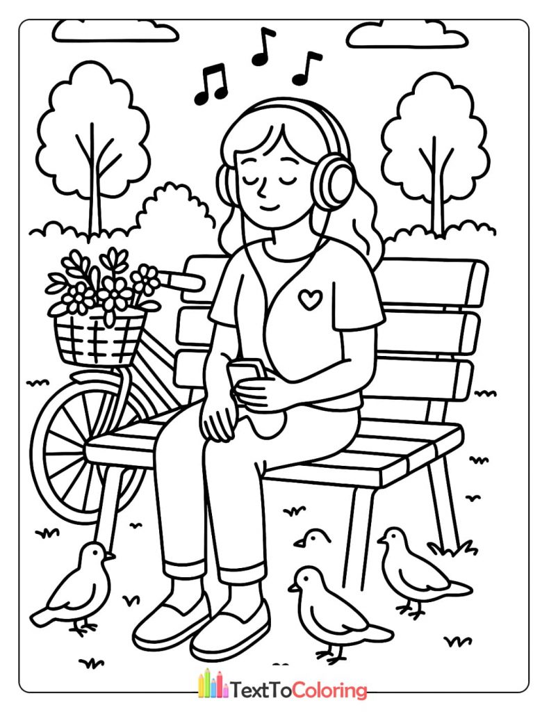 A person with headphones sits on a park bench next to a bicycle, with birds on the ground.