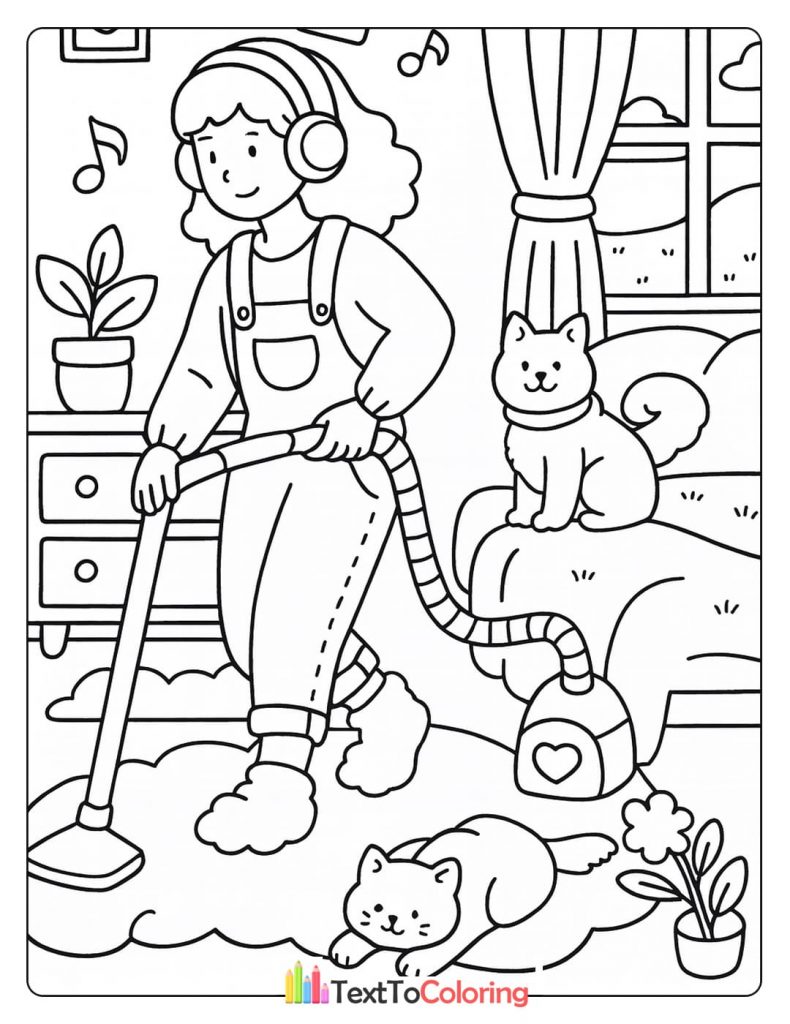 A person with headphones vacuums their room while two cats watch.