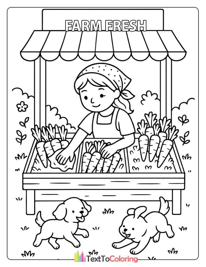 A printable coloring page of a young farmer selling carrots at a "Farm Fresh" stand while two puppies play in the foreground.
