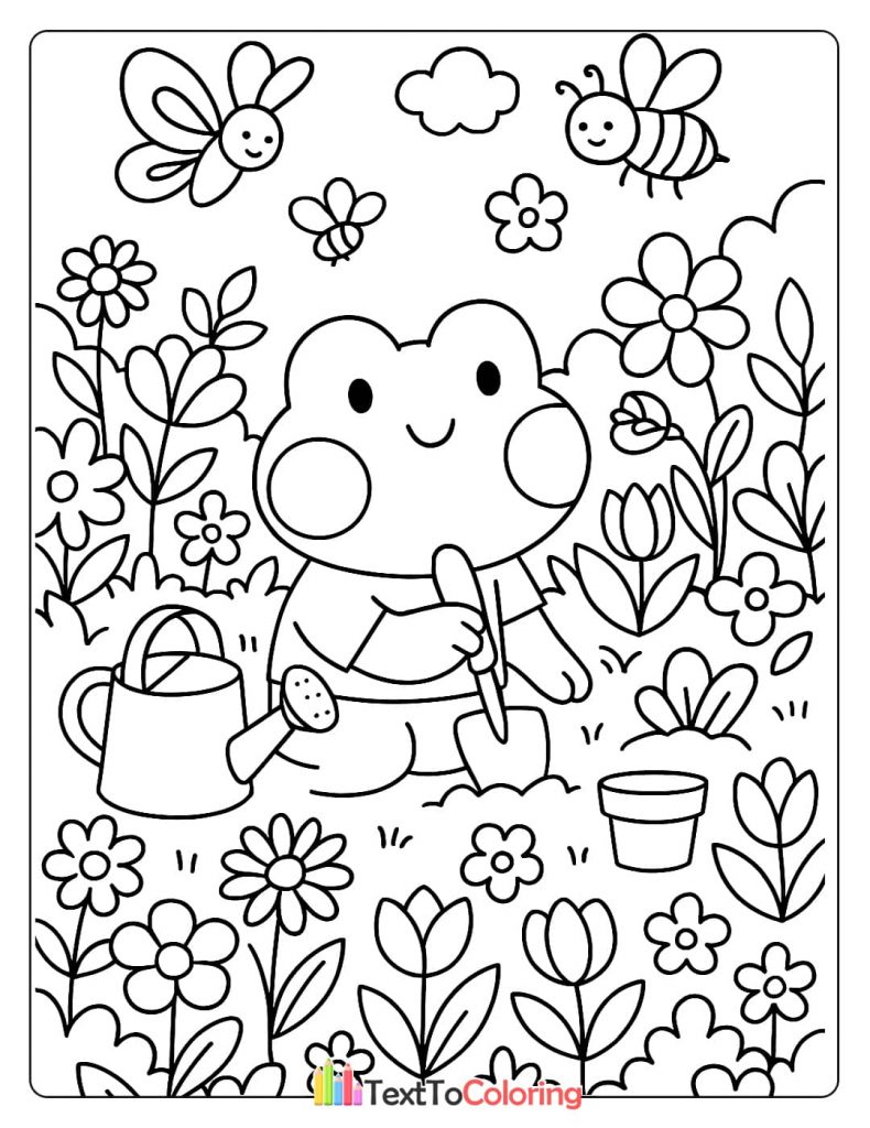 Cute coloring page of a frog wearing a shirt, holding a shovel, and gardening with a watering can nearby.