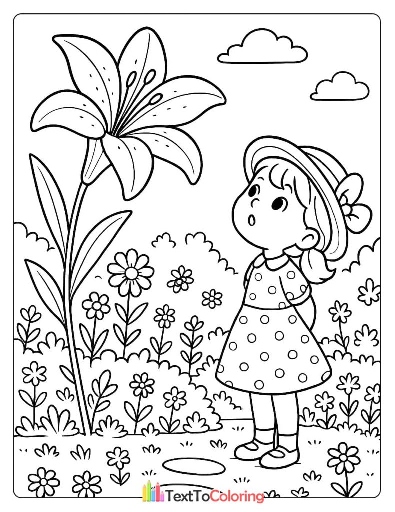 Coloring page of a young girl in a hat looking up at a large lily in a garden.